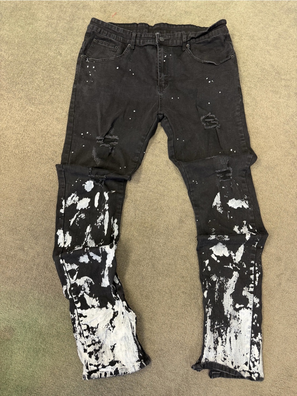 Young & Reckless Mens Black Distressed Stretchy Jeans Paint Splatter 38x32
